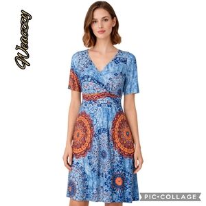 Weaczzy dress midi boho colorful flowing pockets SS stretch gathered sz xl